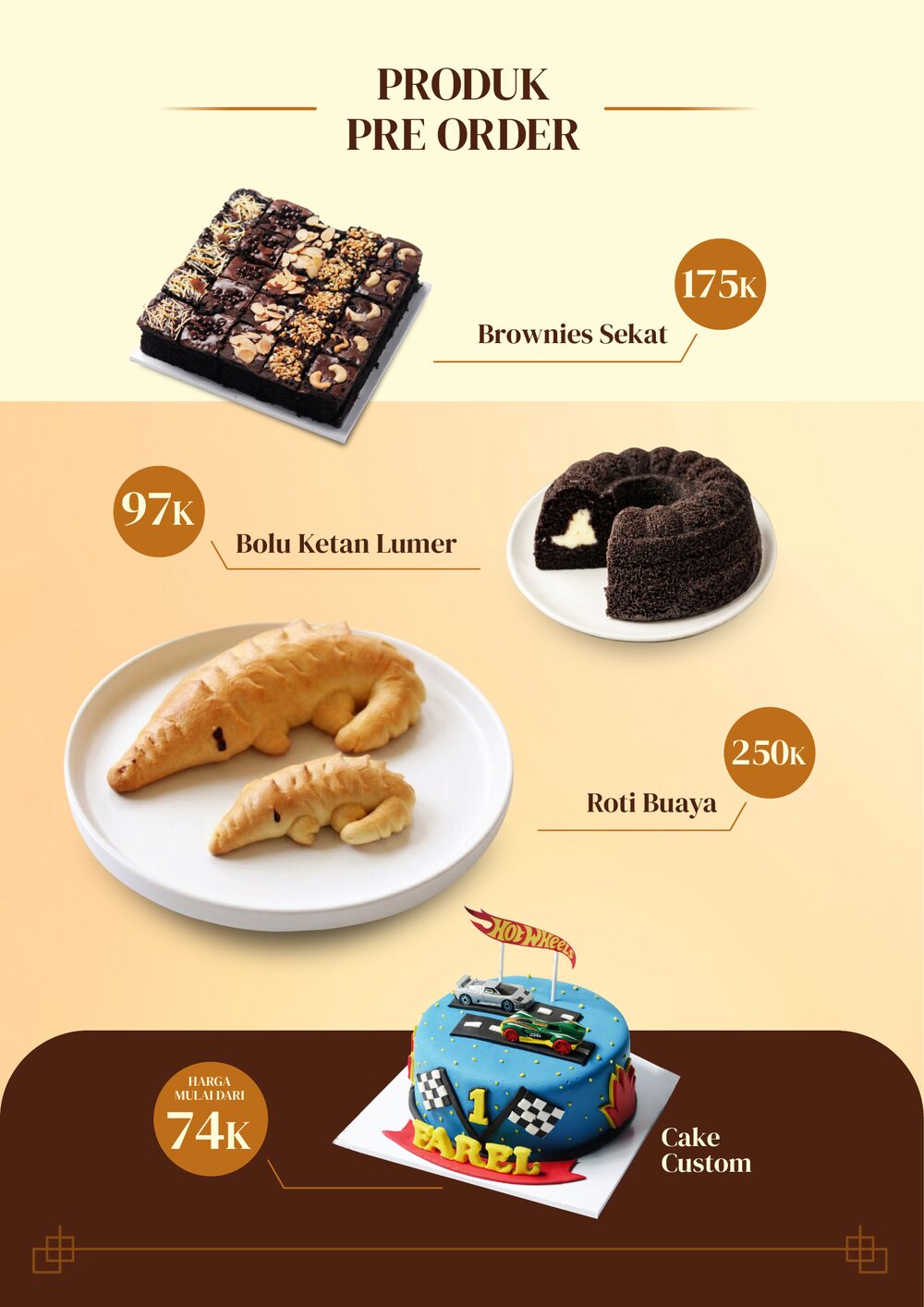 Brownies Sekat, Bolu Ketan Lumer, Roti Buaya, Cake Custom